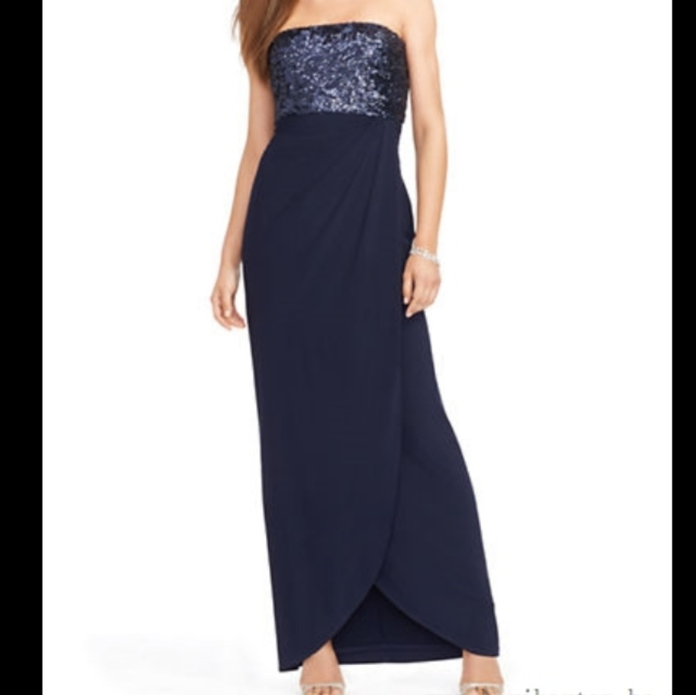 Ralph Lauren Navy Strapless Sequin Bodice Evening Gown